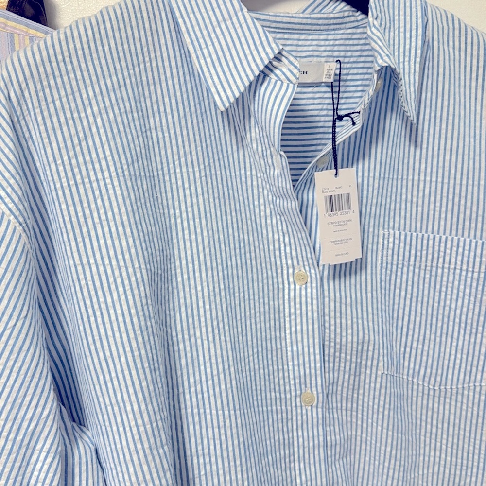Women’s Coach Blue / White seersucker Button Down Shirt 31 long 26 armpits - Picture 5 of 15